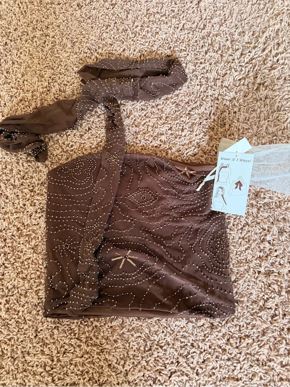 Convertible Brown Beaded Crop Top — Versatile Strap Detail